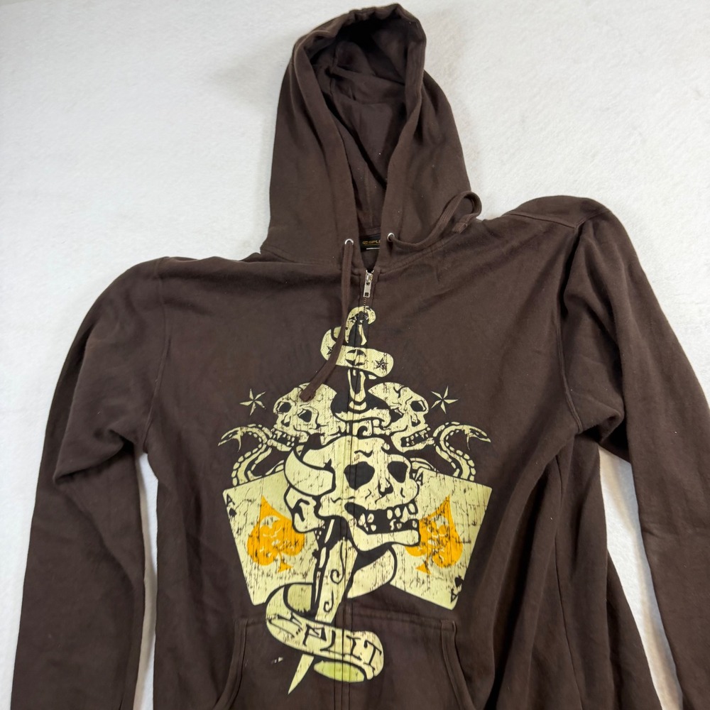 Split Mens Brown Skull Snakes Playing Cards Graphic Zip Up Hoodie Large 8084